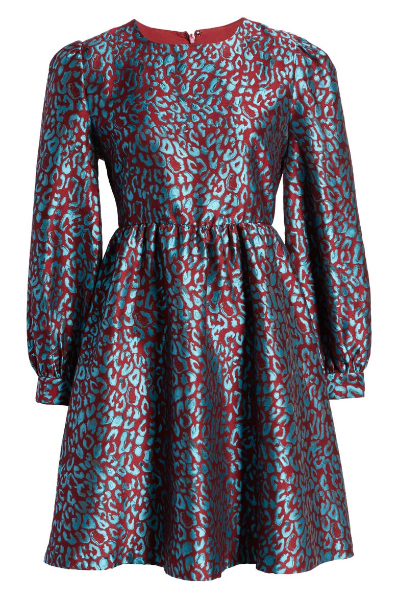 x Atlantic-Pacific Leopard Jacquard Long Sleeve Dress, Alternate, color, TEAL- MAROON LEOPARD