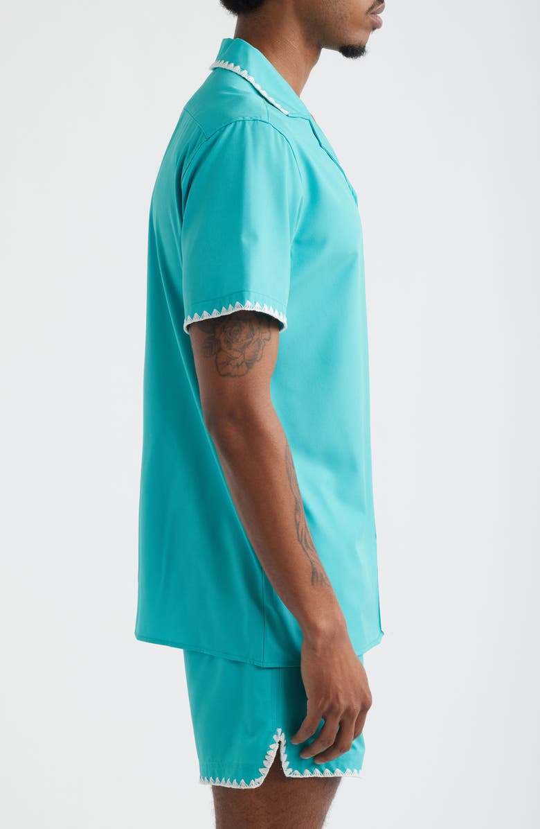 MAVRANS Crochet Trim Teal Camp Shirt, Alternate, color, Teal