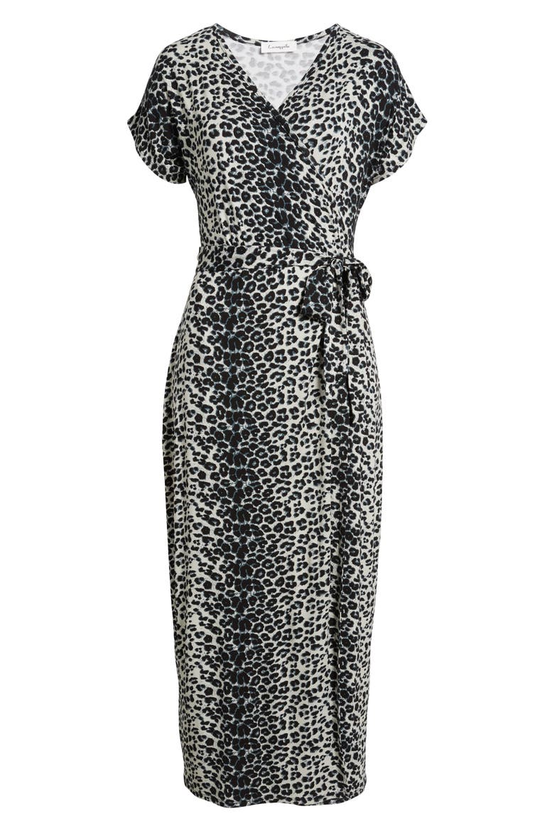 Leopard Print Faux Wrap Midi Dress, Alternate, color, BLACK/ GREY