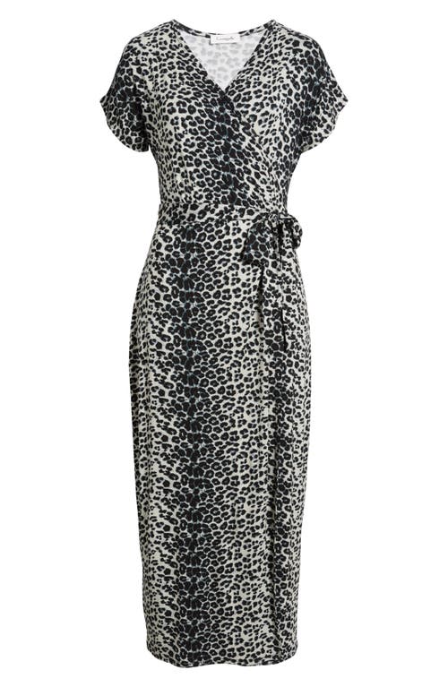 Loveappella Leopard Print Faux Wrap Midi Dress In Black/grey
