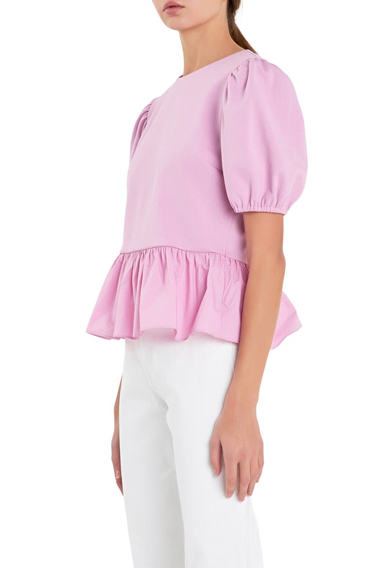 Mixed Media Puff Sleeve Peplum Top, Alternate, color, LAVENDER