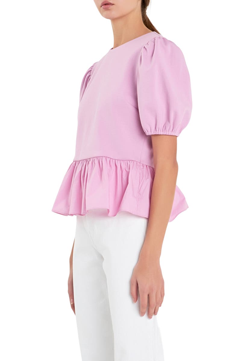 English Factory Mixed Media Puff Sleeve Peplum Top, Alternate, color, Lavender