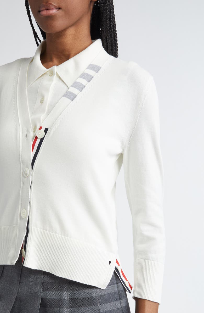 Thom Browne Jersey Stitch V-Neck Cotton Cardigan, Alternate, color, White