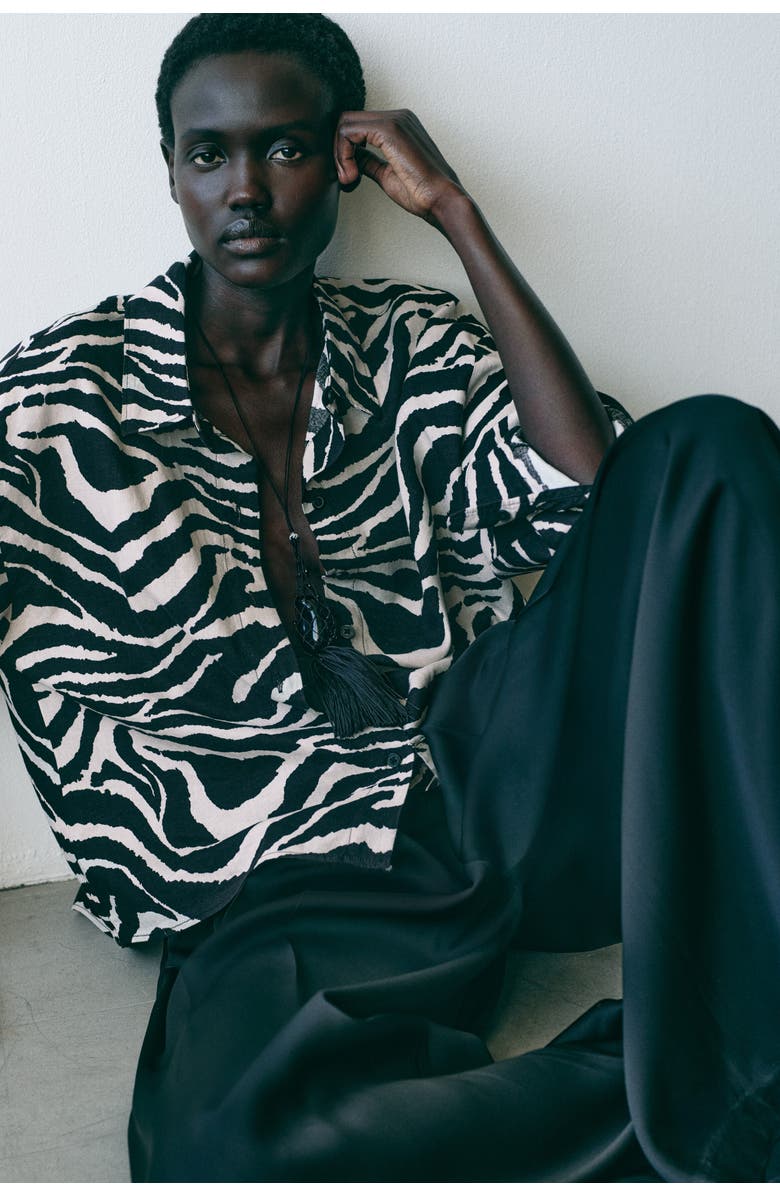 H&M Linen-blend Shirt, Alternate, color, Black/Zebra Print