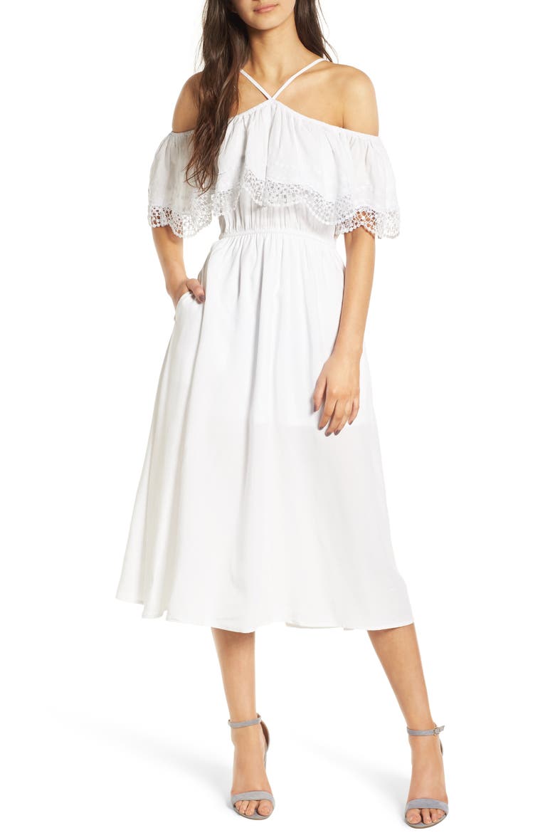 Lace Trim Cold Shoulder Dress, Main, color, WHITE
