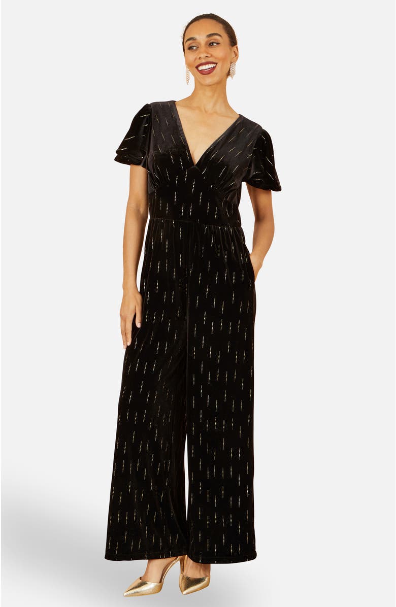 Yumi Foil Print Velvet Jumpsuit, Main, color, Black