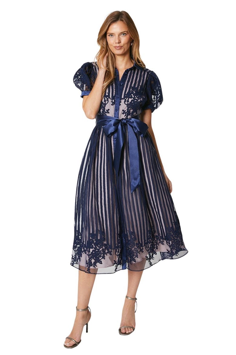 Stripe Organza Puff Sleeve Shirt Dress, Main, color, Navy