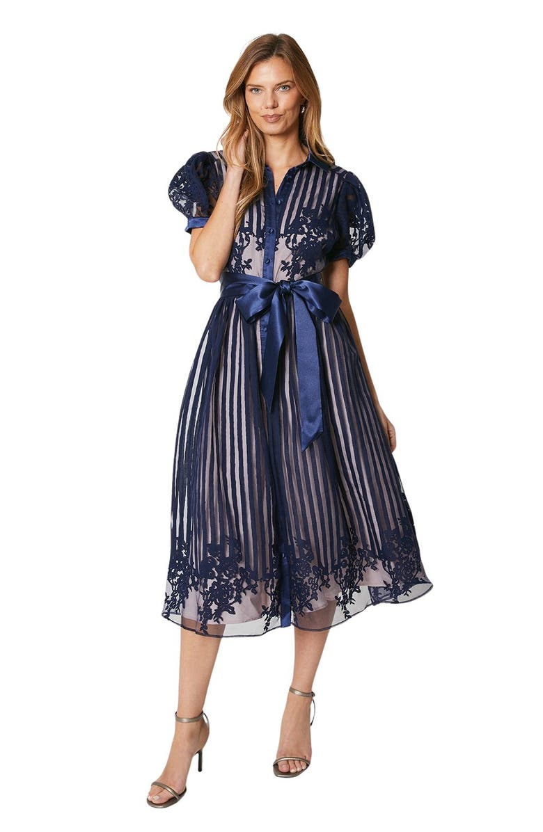 Coast Stripe Organza Puff Sleeve Shirt Dress, Main, color, Navy
