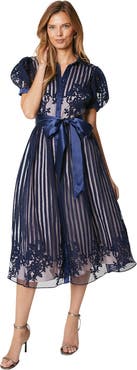 Coast Stripe Organza Puff Sleeve Shirt Dress