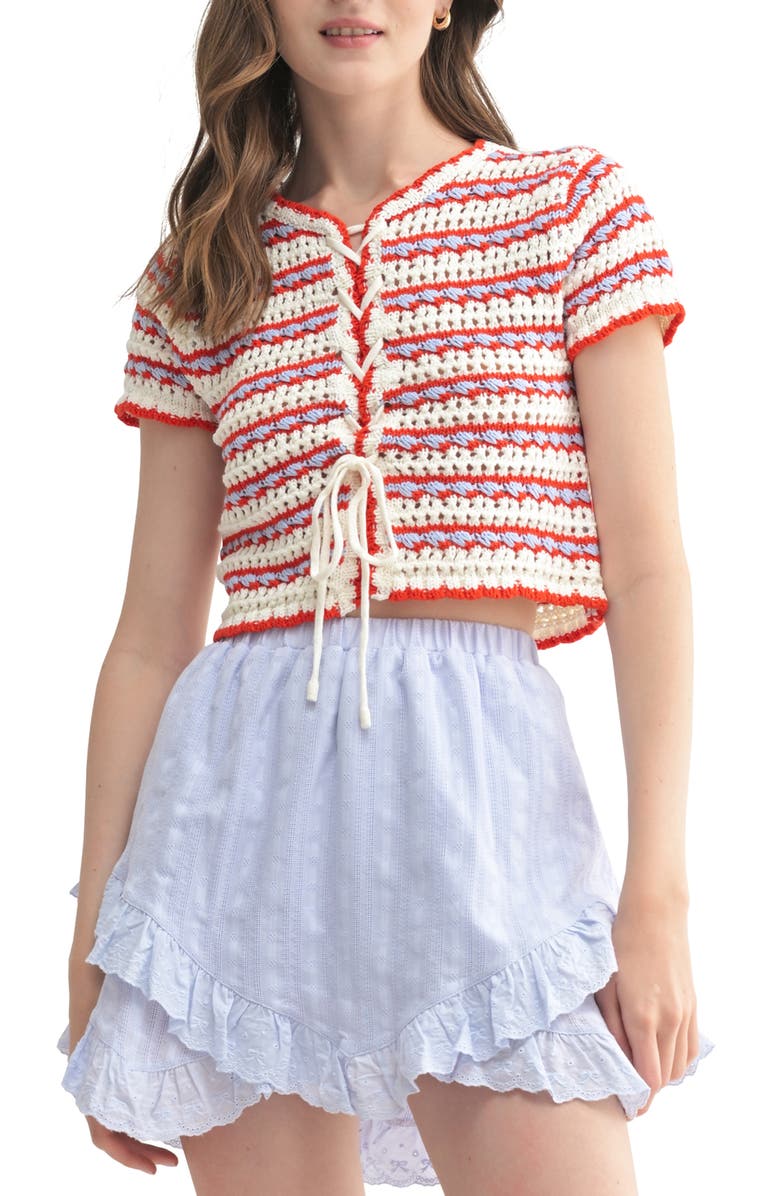 All in Favor Lace-Up Short Sleeve Cardigan, Main, color, Cream Red