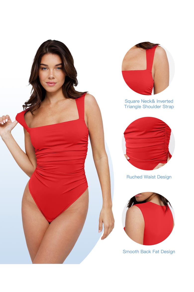 Shapewear Bluetag Ruched Square Neck Sculpting Bodysuit, Alternate, color, Maroon