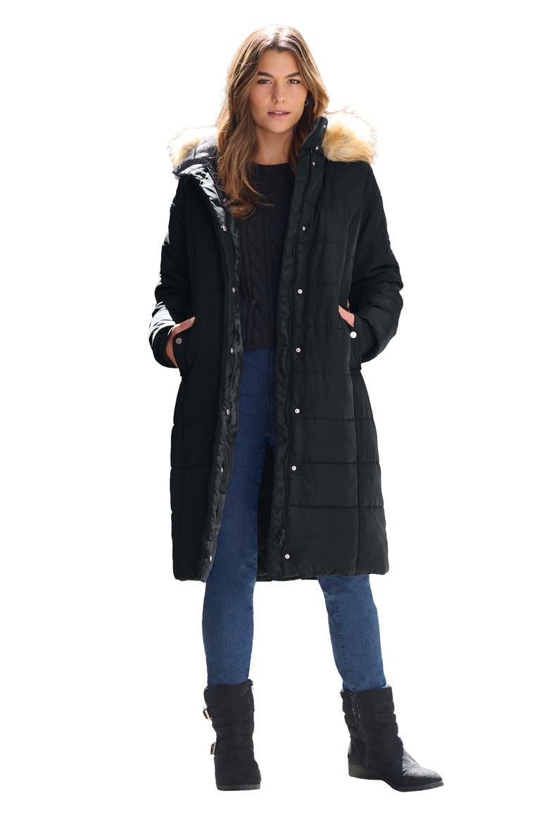 Plus Size Knee Length Puffer Coat, Main, color, BLACK