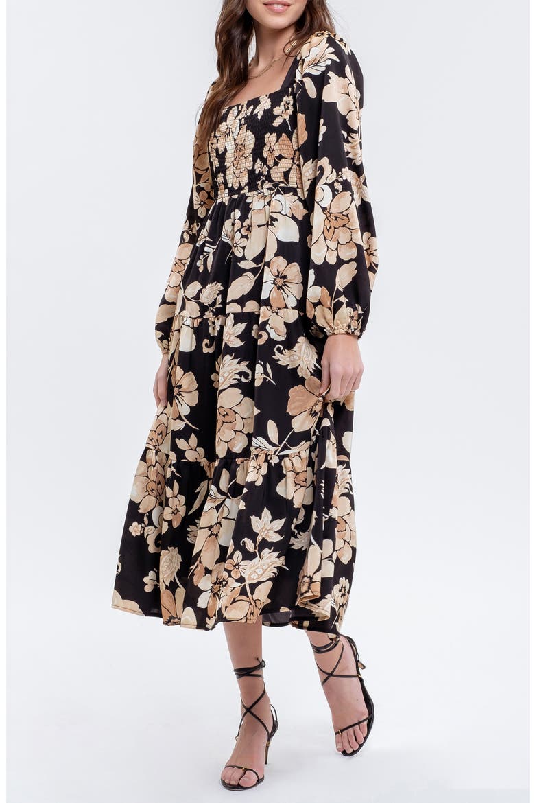 Floral Long Sleeve Midi Dress, Alternate, color, BLACK MULTI