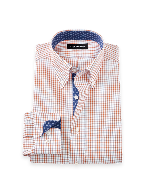 Cotton Buttondown Collar Pinpoint Classic Contrast Trim Button Cuff Long Sleeve