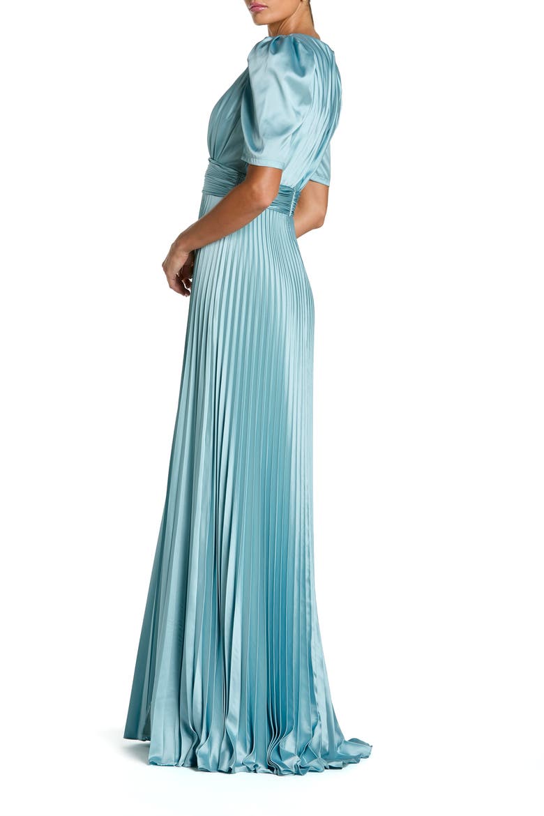 Pleated Charmeuse Puff Sleeve Evening Gown With Slit, Alternate, color, French Blue