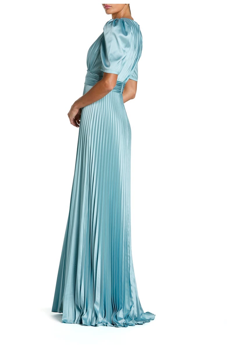 Mac Duggal Pleated Charmeuse Puff Sleeve Evening Gown With Slit, Alternate, color, Olive