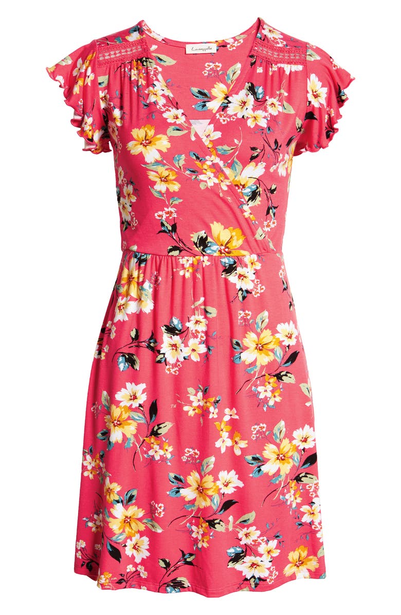 Loveappella Floral Wrap Front Flutter Sleeve Dress, Alternate, color, 