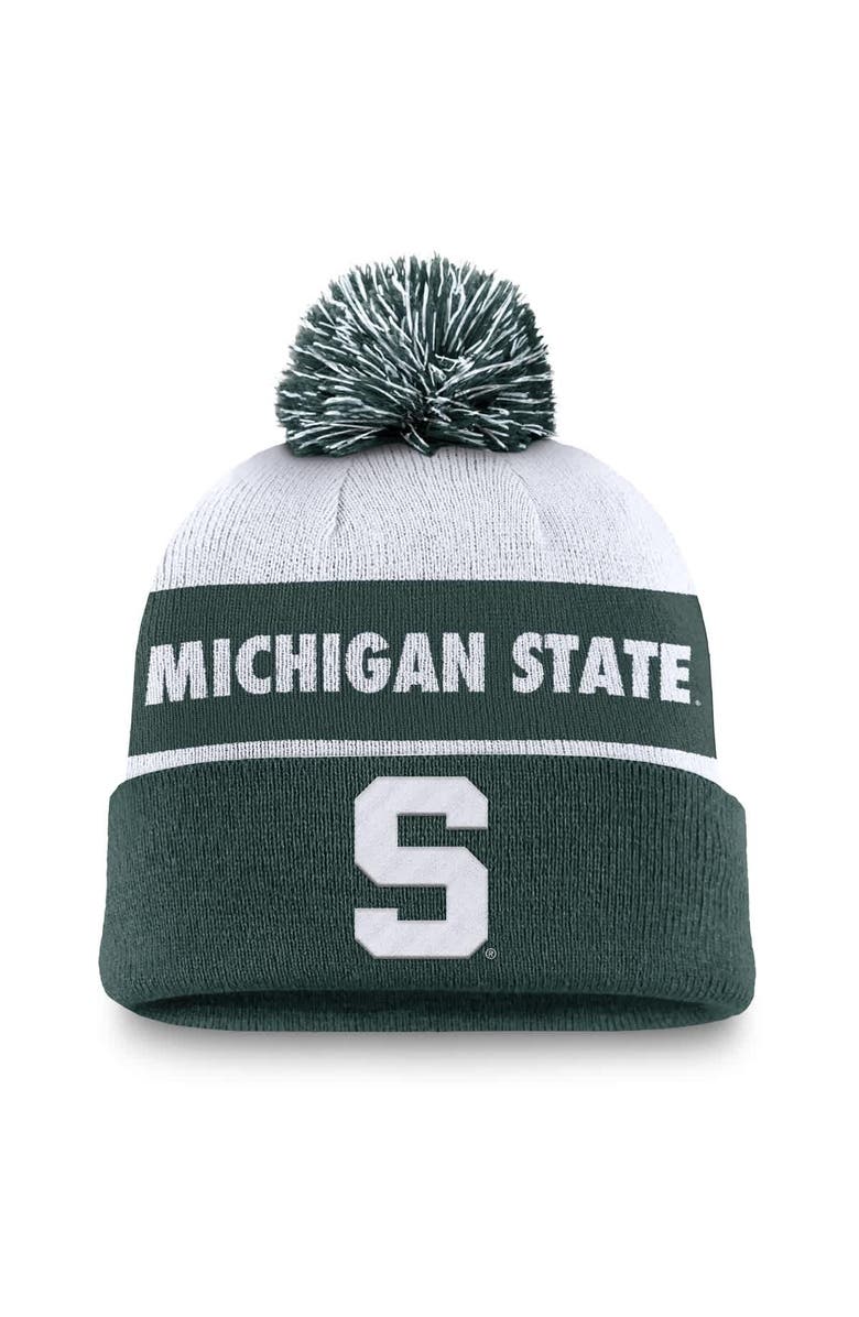 Nike Men's Nike White/Green Michigan State Spartans Primetime Peak Cuffed Knit Hat with Pom, Main, color, White
