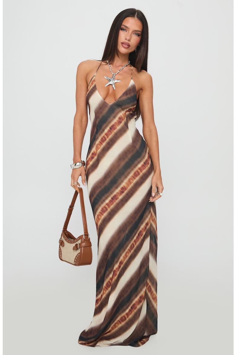 Esmira Plunge Halter Maxi Dress, Alternate, color, BROWN STRIPE