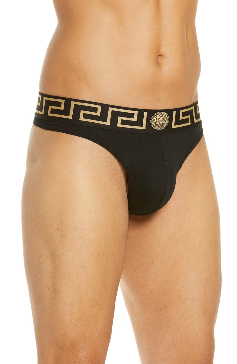 Versace First Line Logo Stretch Cotton Thong, Alternate, color,