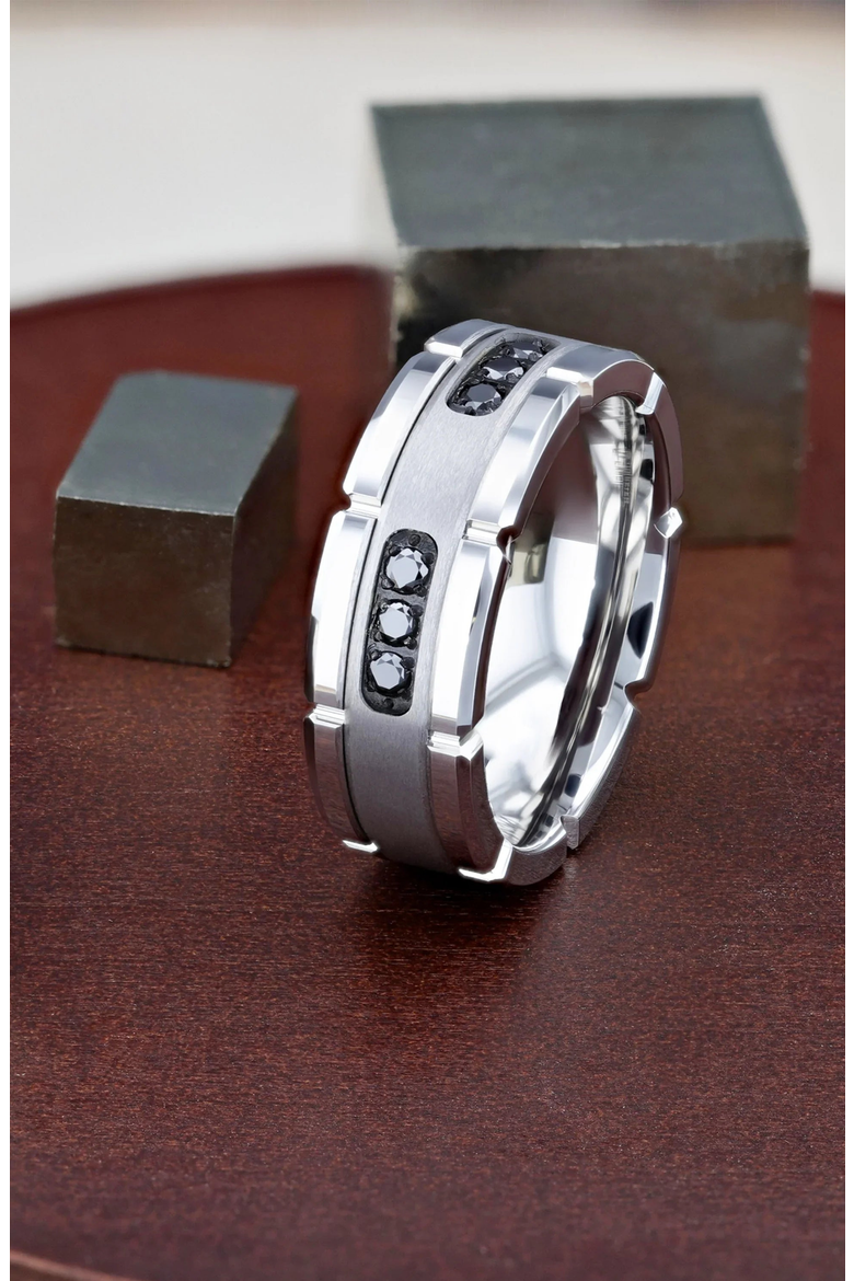 Valor Grooved Tungsten Wedding Band With Inlay and Diamonds, Alternate, color, Silver / Black 8mm
