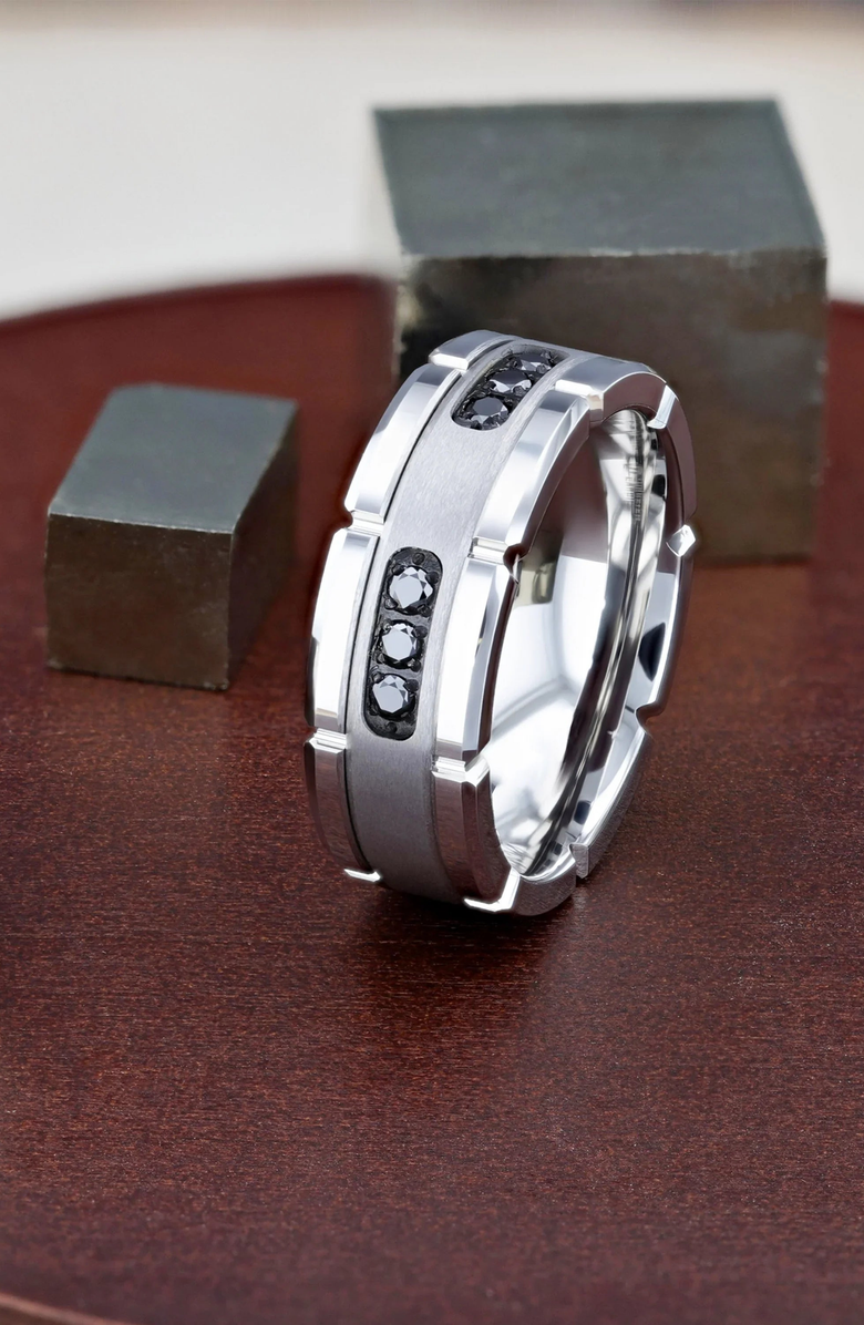 Larson Jewelers Valor Grooved Tungsten Wedding Band With Inlay and Diamonds, Alternate, color, Silver / Black 8Mm