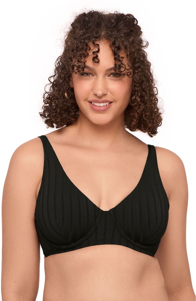 S3 Apparel Supportive and Sculpting Wide Ribbed Tall Underwire Bikini Swimsuit Top, Main, color, Onyx Black Wide Rib