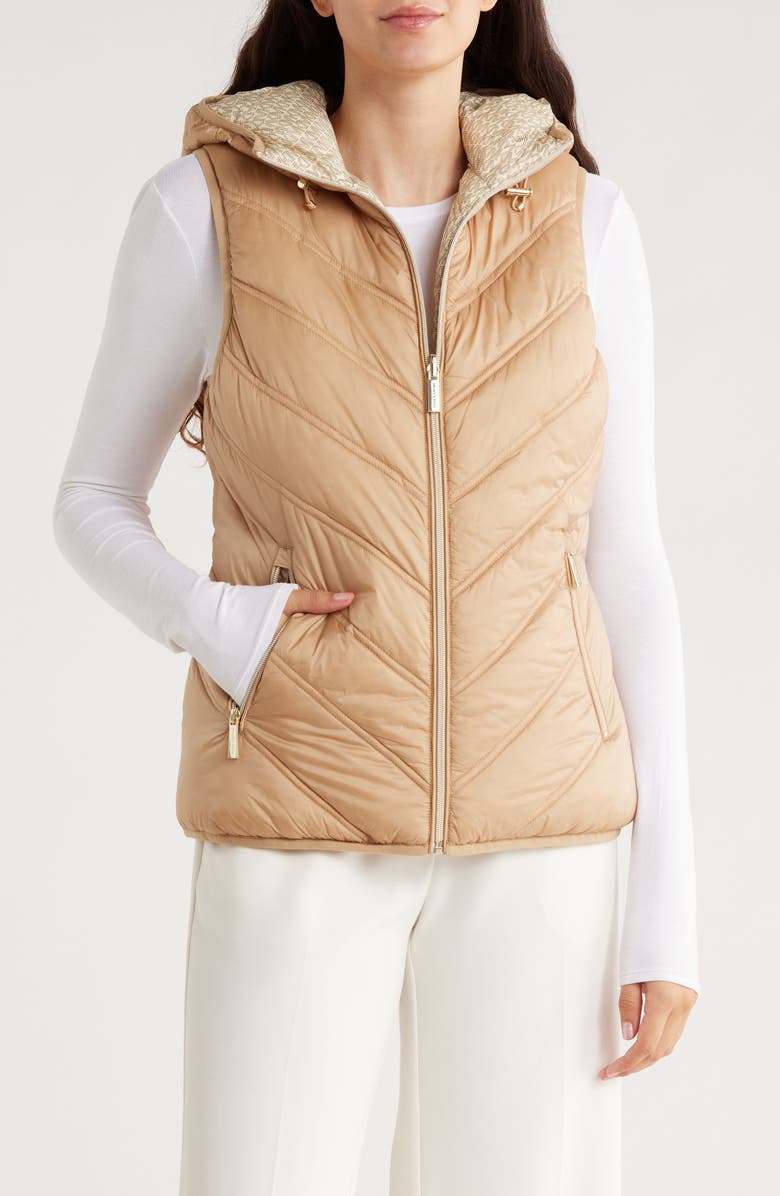 Michael Kors Water Resistant Reversible Packable Quilted Vest, Main, color, Khaki
