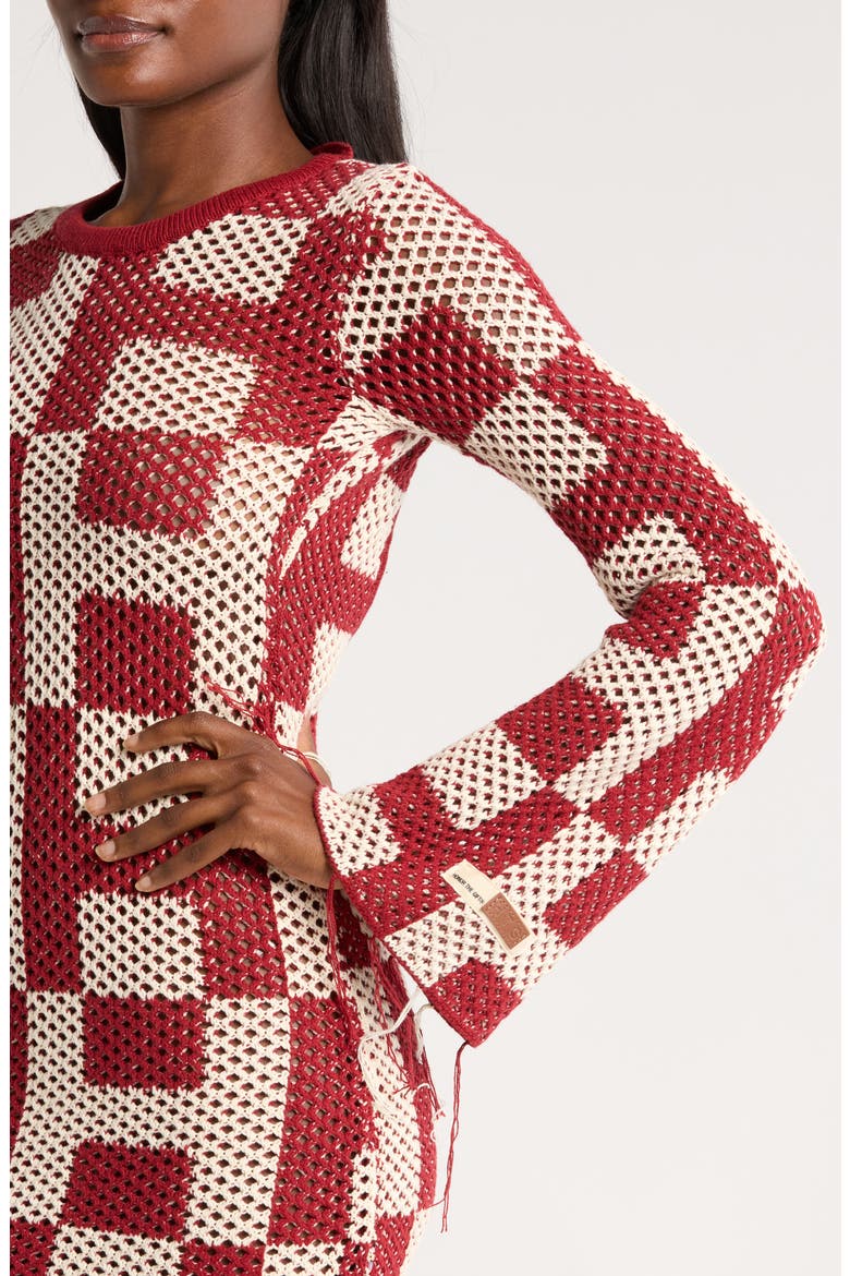 Long Sleeve Openwork Mini Sweater Dress, Alternate, color, BRICK