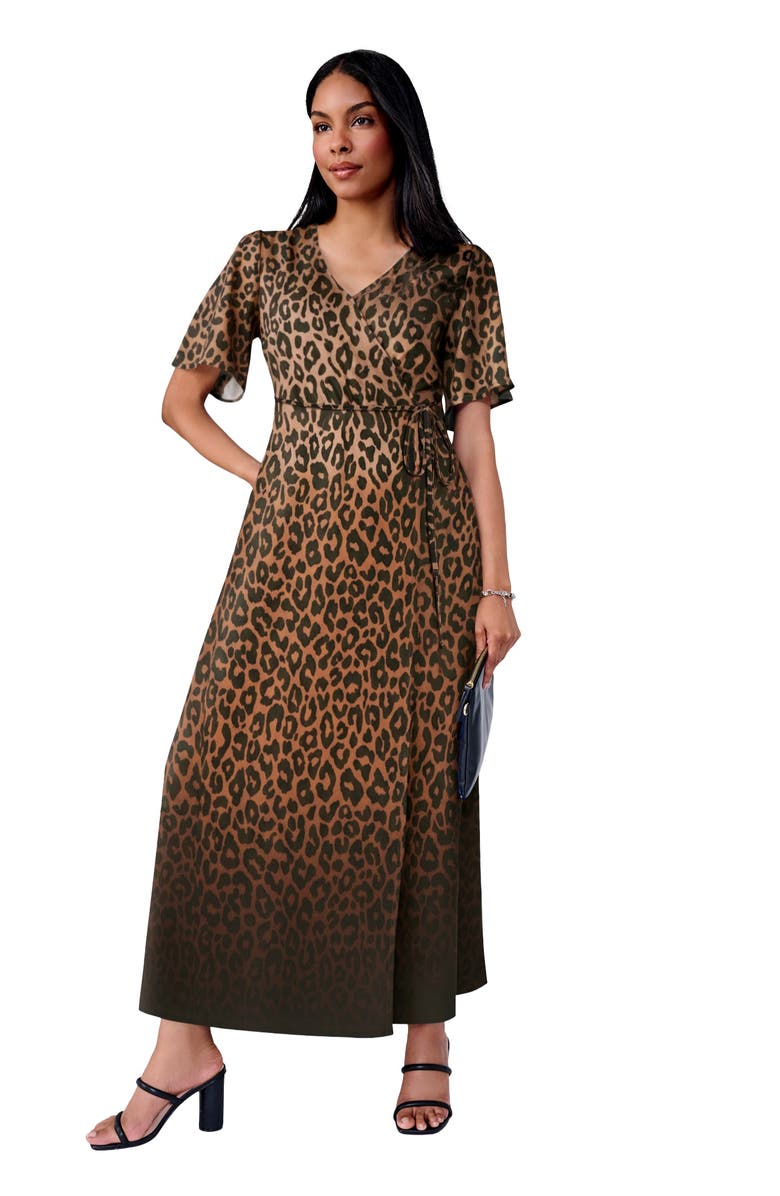 Jessica London Flutter Sleeve Wrap Maxi Dress, Main, color, Neutral Gradient Cheetah
