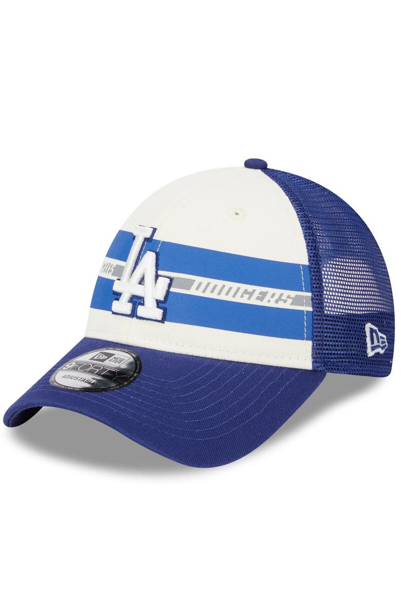 New Era Men's New Era White/Royal Los Angeles Dodgers Team Stripe Trucker 9FORTY Snapback Hat, Main, color, White