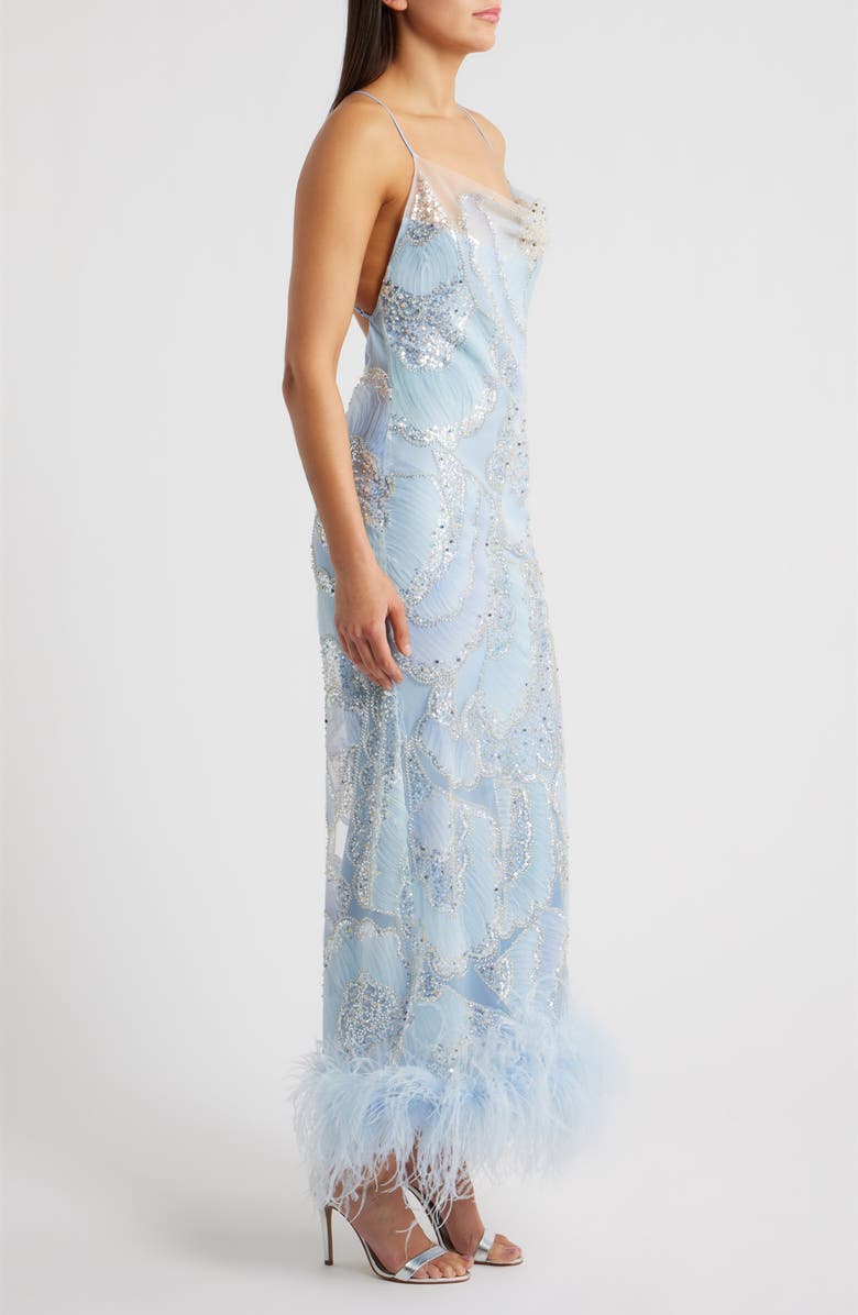 Delfi Collective Shani Sequin Ostrich Feather Hem Gown, Alternate, color, Baby Blue