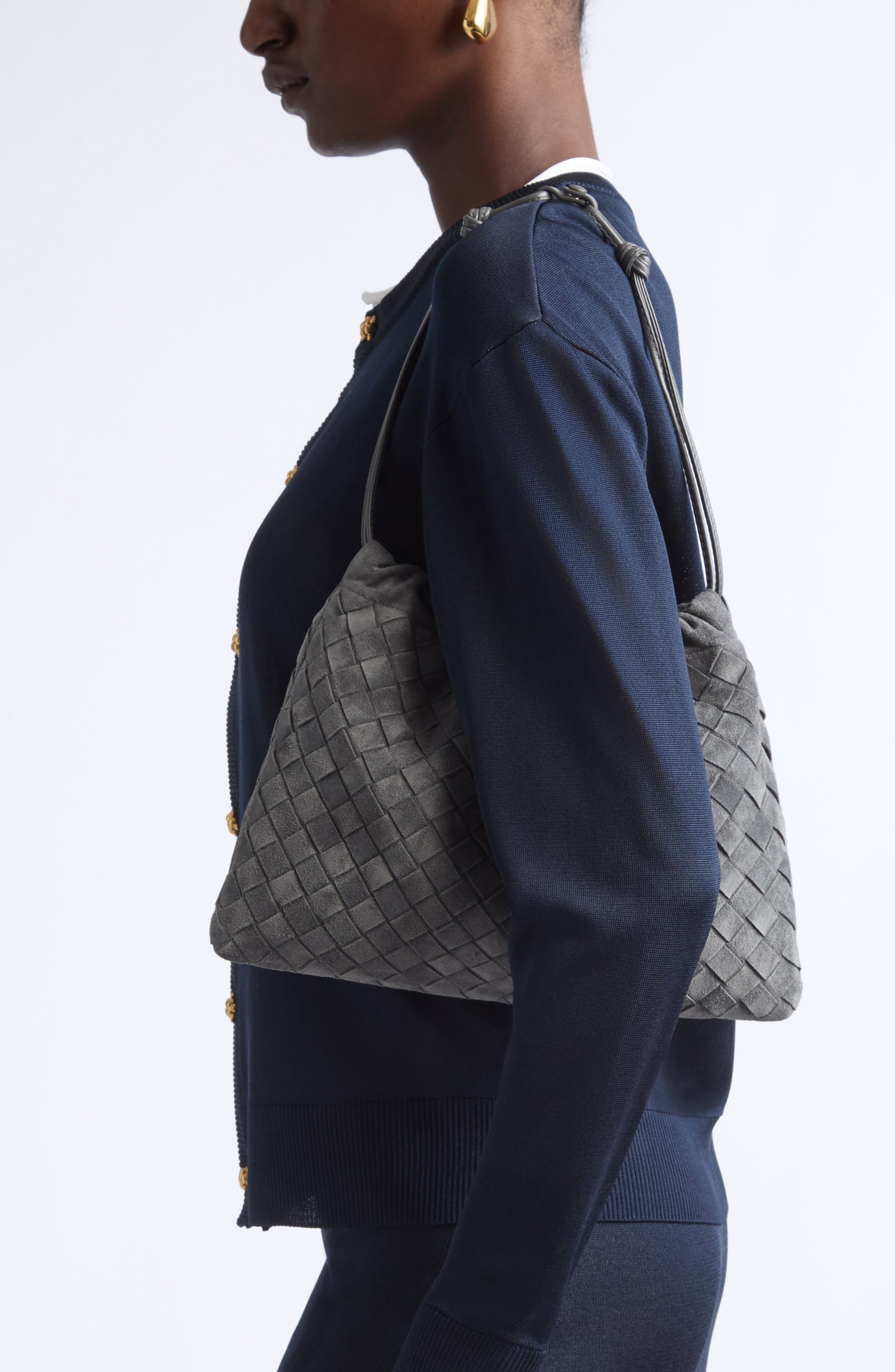 Medium Dustbag Intrecciato Suede Bag, Alternate, color, 1689 OBSIDIAN GREY/ GOLD