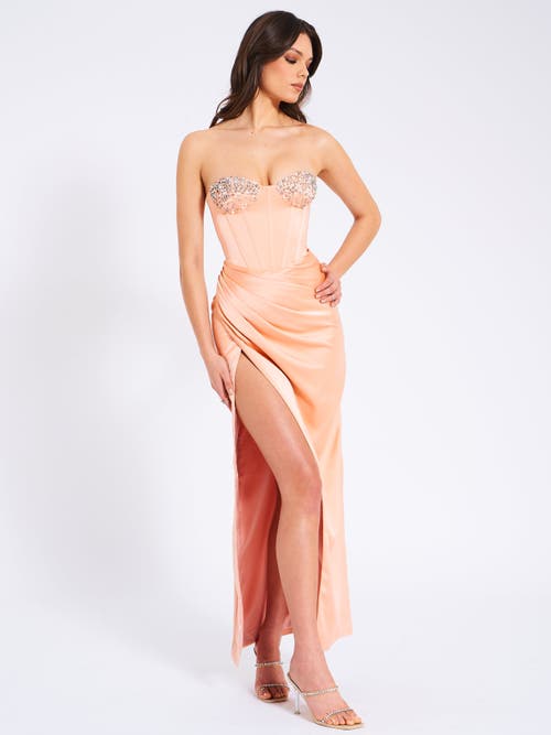 Miss Circle Women Amelia Blush Satin Corset Slit Gown With Crystal Embellished In Pattern