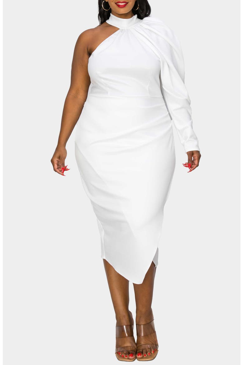 Gigi One-Shoulder Long Sleeve Midi Dress, Alternate, color, IVORY