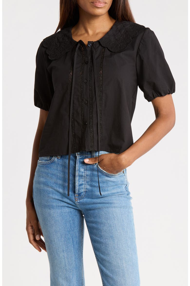 Embroidered Scallop Collar Top, Main, color, BLACK