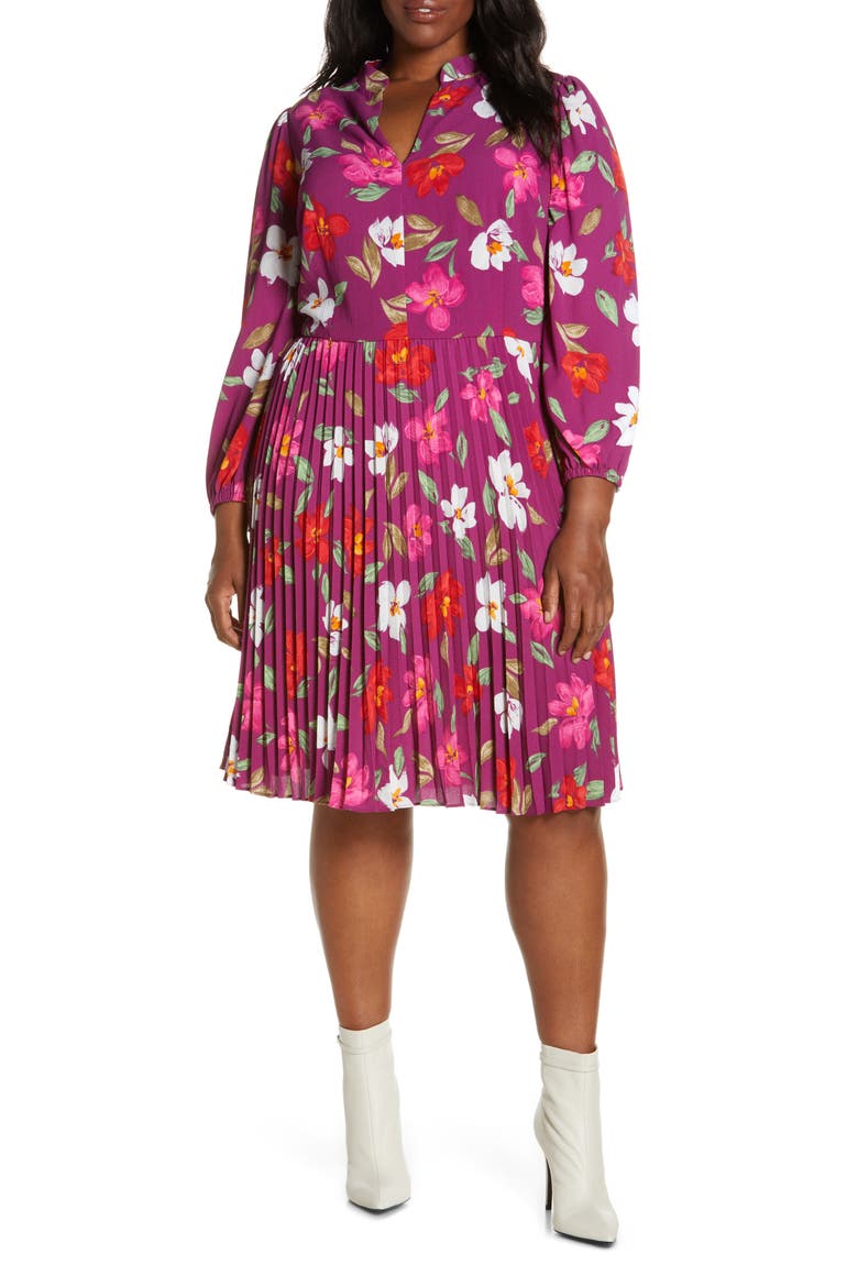 Floral Pleated Long Sleeve Fit & Flare Dress, Main, color, WINE/ RASPBERRY