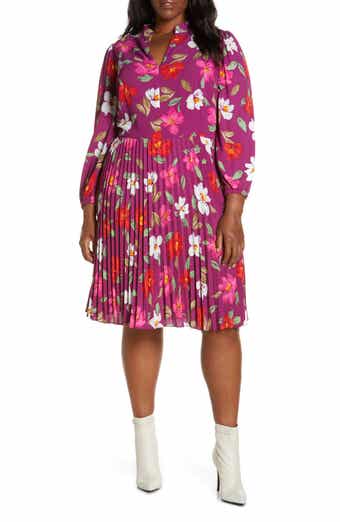 Maggy London Floral Pleated Long Sleeve Fit & Flare Dress