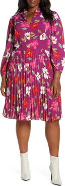 Maggy London Floral Pleated Long Sleeve Fit & Flare Dress