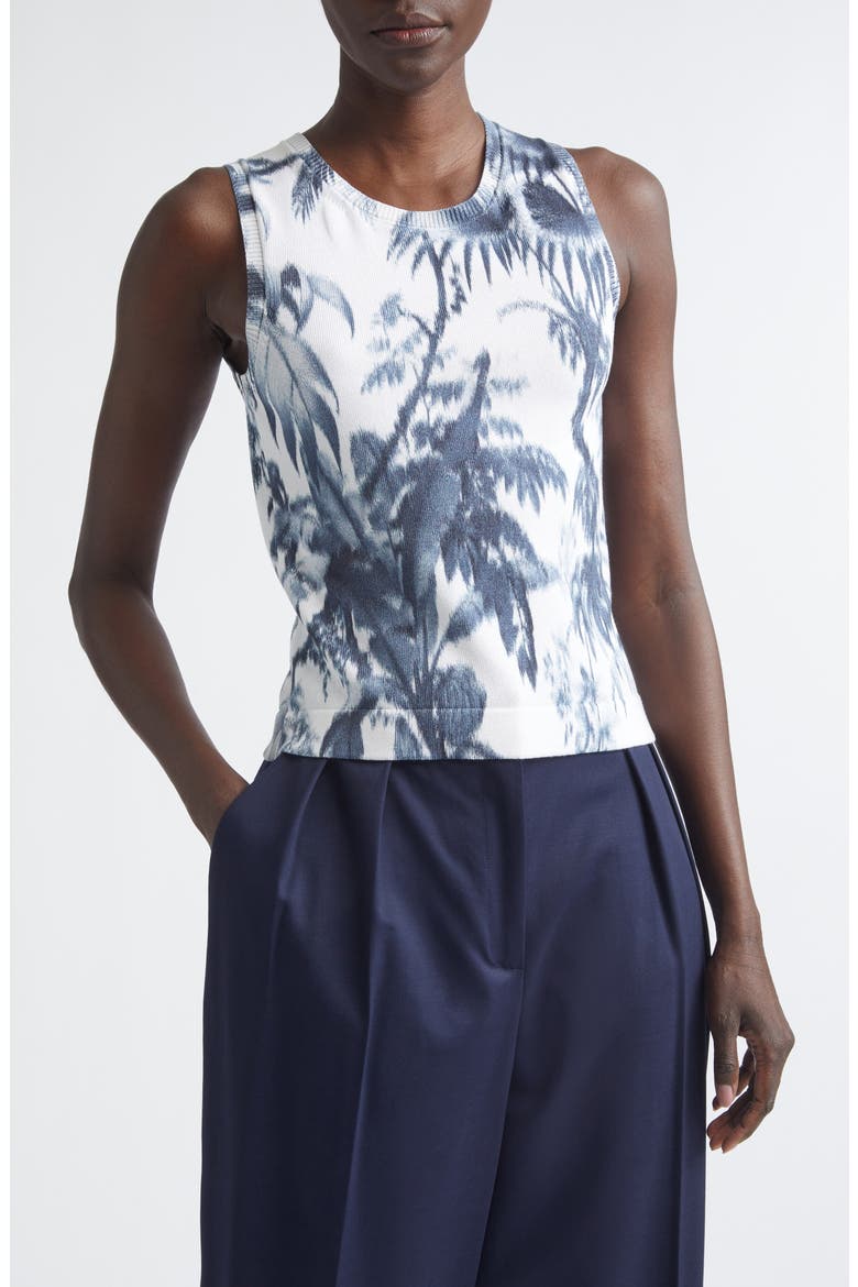 Print Palm Leaf Sleeveless Cotton Blend Sweater, Main, color, NAVY/ WHITE