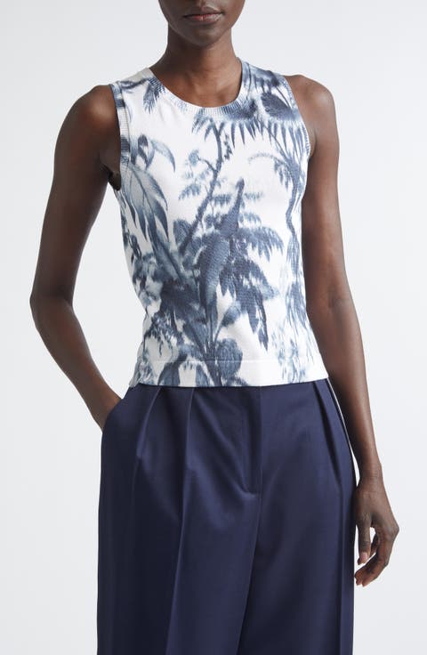 Print Palm Leaf Sleeveless Cotton Blend Sweater
