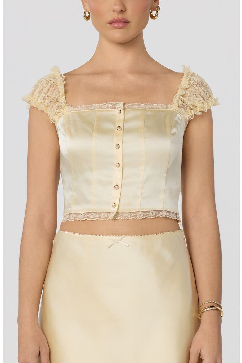 Elliana Lace Trim Satin Button-Up Crop Top, Alternate, color, BUTTER YELLOW