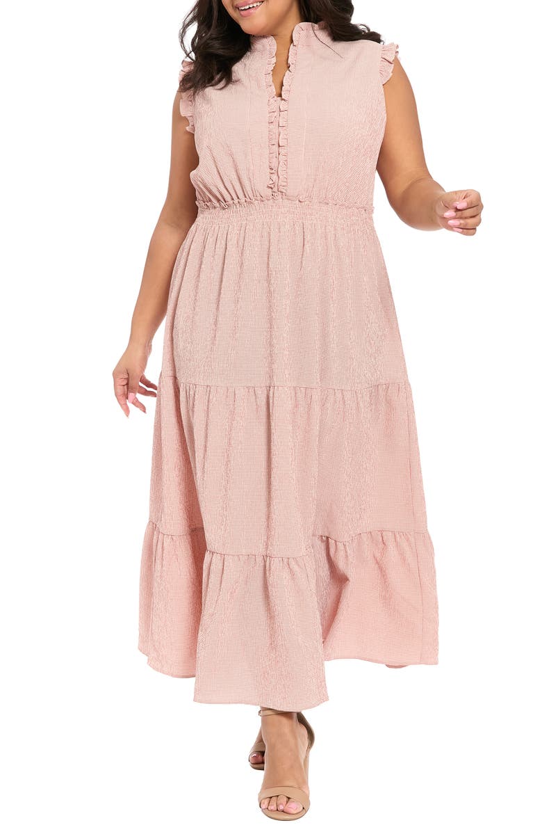 London Times Ruffle Shoulder Smocked Waist Tiered Midi Dress, Main, color, Rose/ Cream