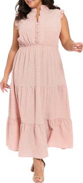 London Times Ruffle Shoulder Smocked Waist Tiered Midi Dress