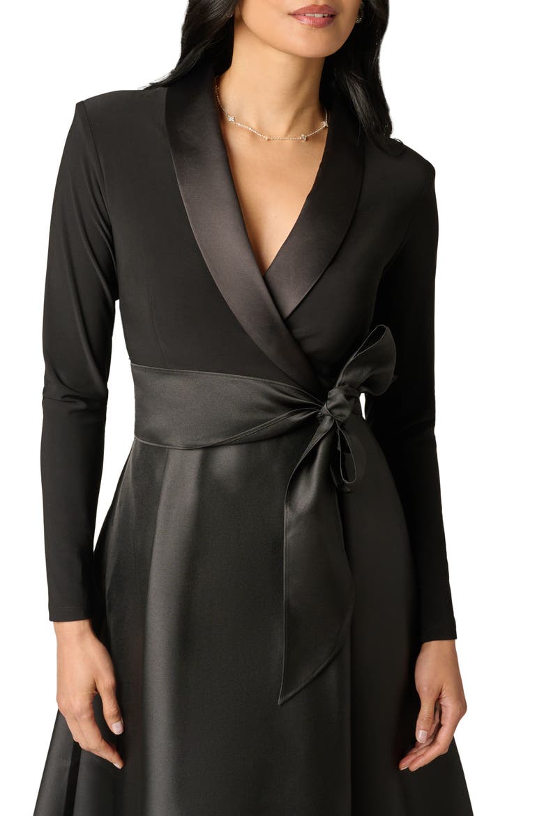 Mixed Media Long Sleeve Tuxedo Gown, Alternate, color, BLACK