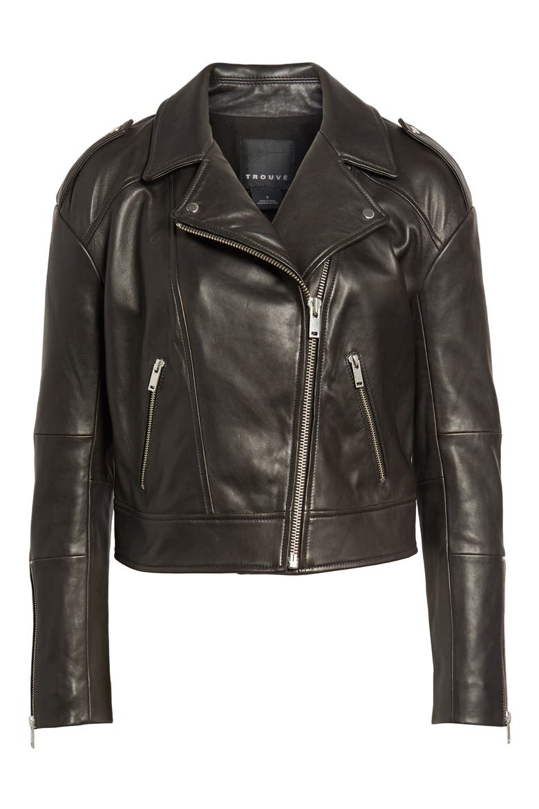 Crop Leather Biker Jacket, Alternate, color, BLACK