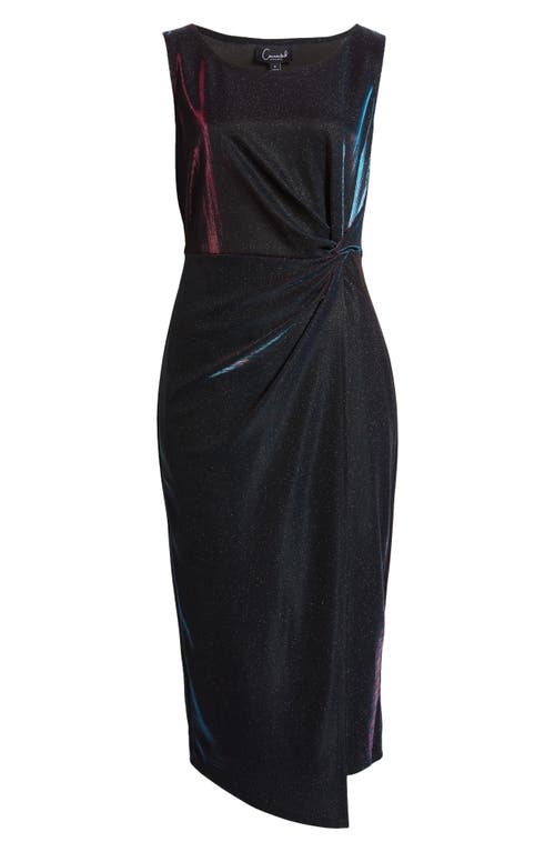 Connected Apparel Metallic Sleeveless Faux Wrap Dress In Blue