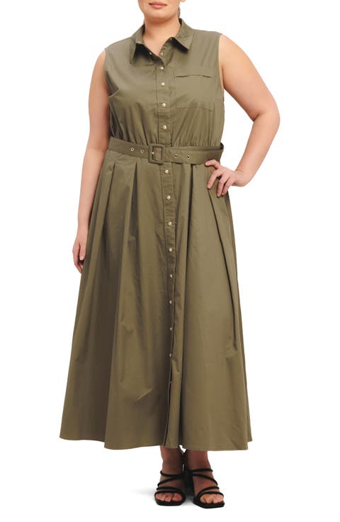 Belted Sleeveless Maxi Shirtdress (Plus)