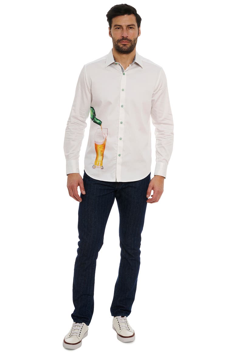 Made to Measure Beer Print Stretch Cotton Button-Up Shirt, Alternate, color, WHITE