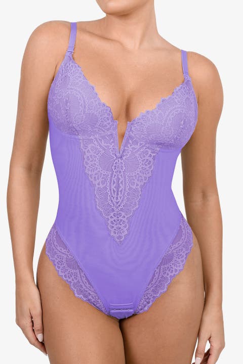 Plus Size Shapewear Lace Deep V-Neck Sculpting Thong Bodysuit